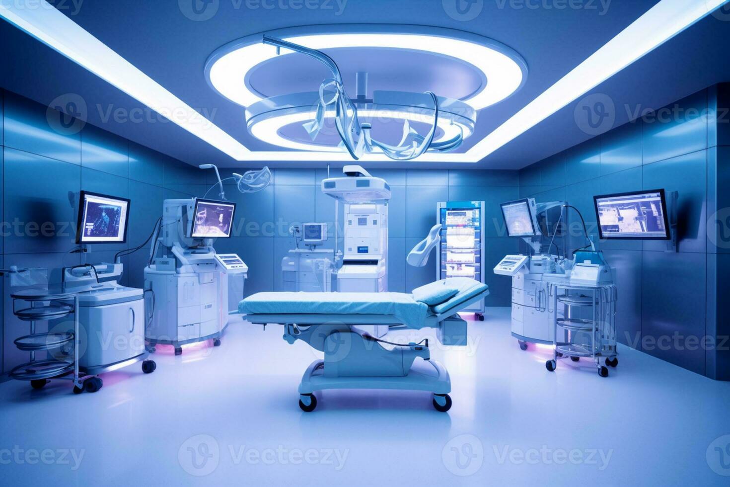 Empty operating room with patient lying under cover Generative AI photo