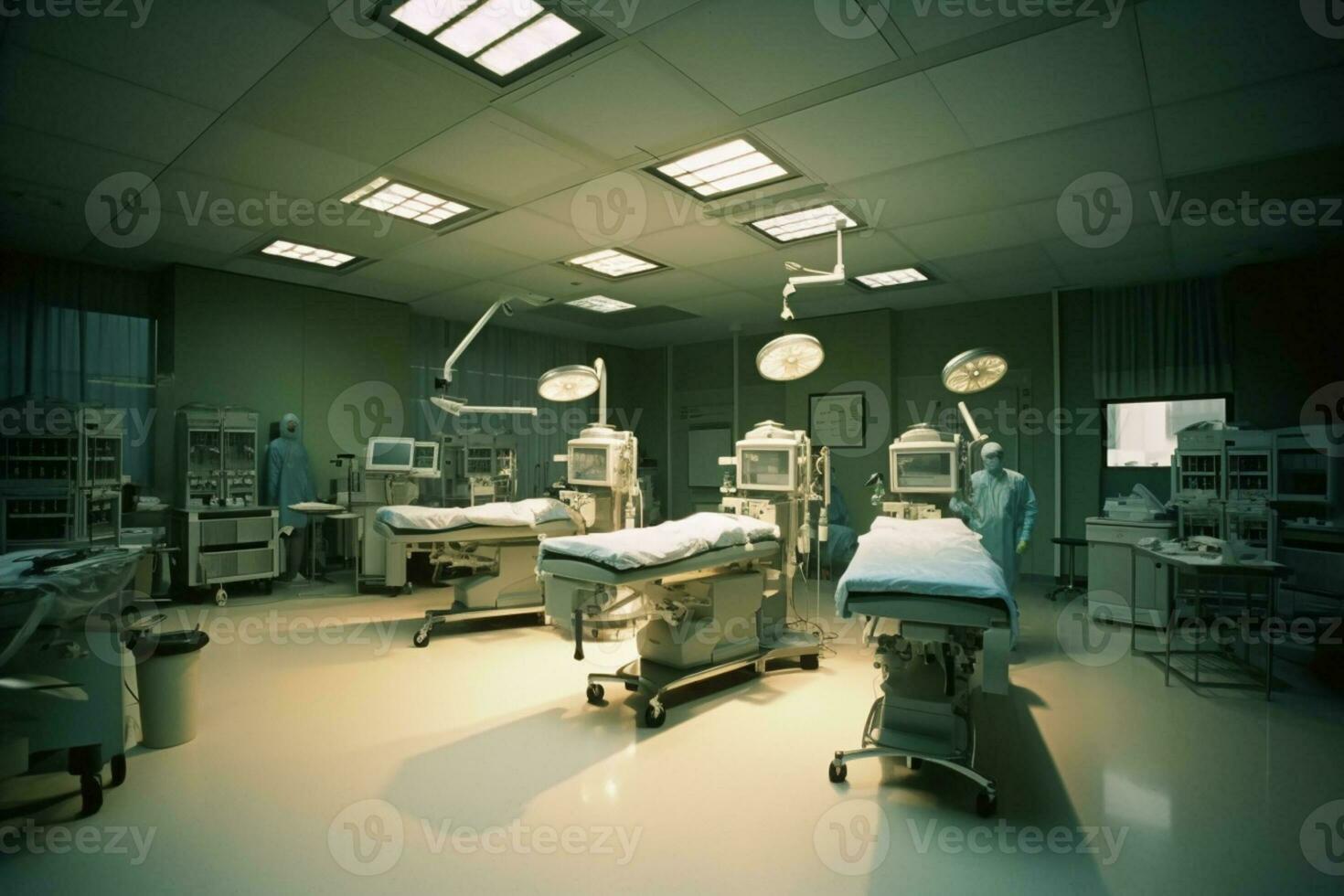 Empty operating room with patient lying under cover Generative AI photo