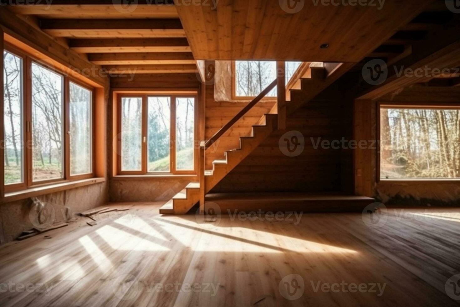 Interior view of a house with framing materials Generative AI 
