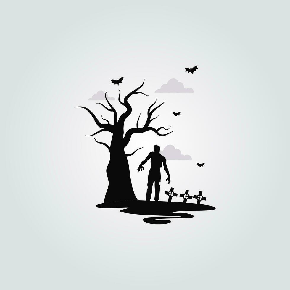 Tree with zombie halloween logo design icon element vector