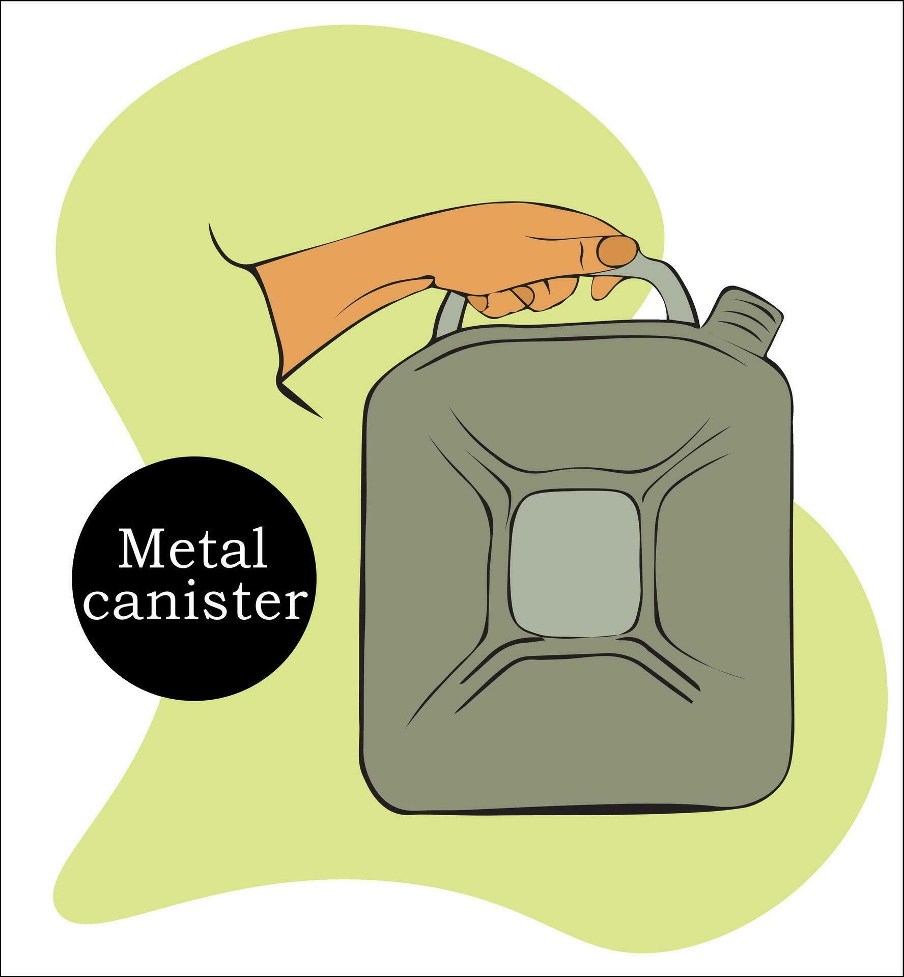 man's hand holds metal canister for gasoline, diesel, and lubricating