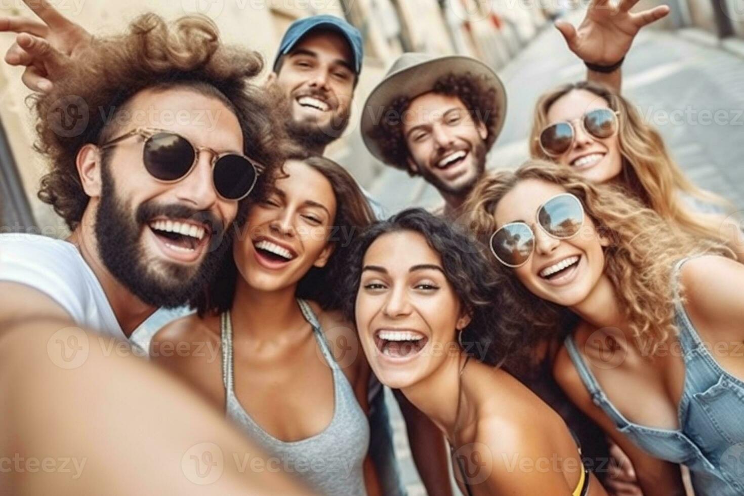 Multicultural friends taking selfie pic with cellphone outside - Happy young people having fun hanging out on city street - Summer vacation concept with guys and girls enjoying Generative AI photo