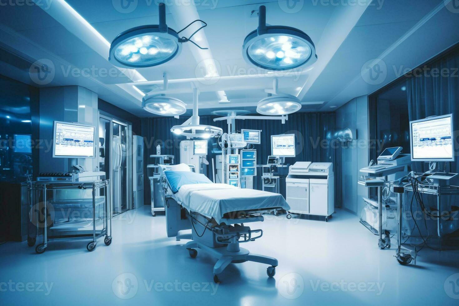 Empty operating room with patient lying under cover Generative AI photo