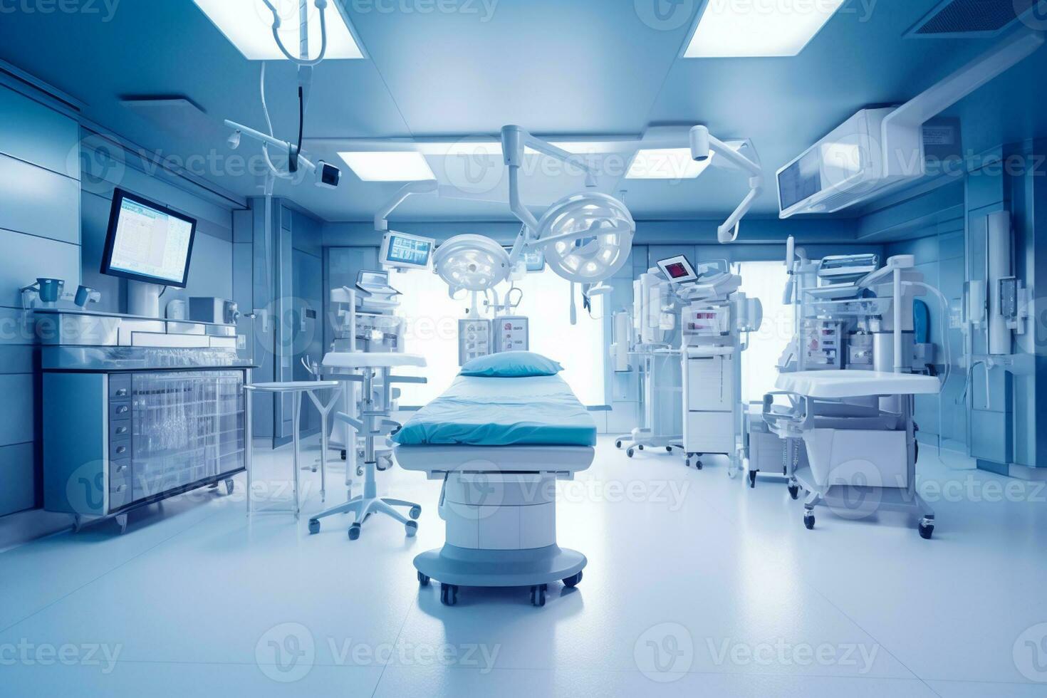 Empty operating room with patient lying under cover Generative AI photo