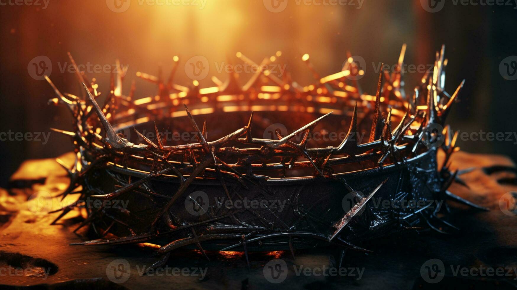 Selective focus crown of thorns of Jesus Christ on wooden background with window light, Vintage tone with copy space Generative AI photo