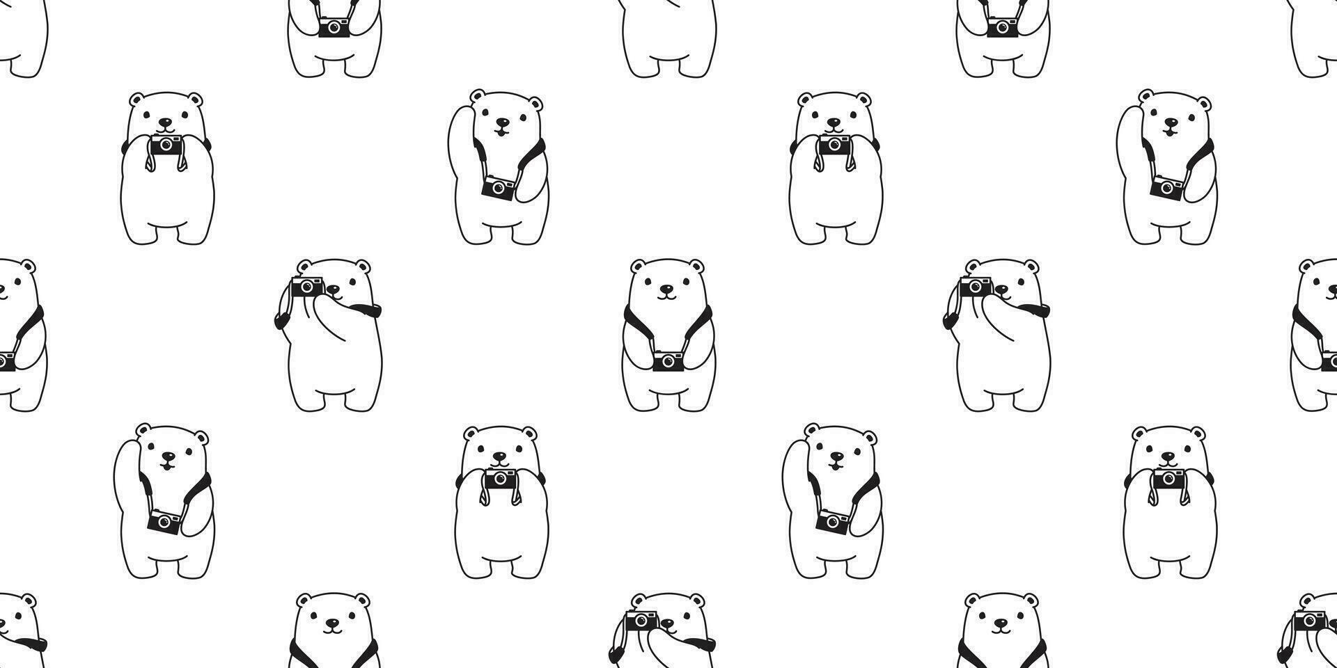 Bear seamless pattern vector polar bear camera scarf isolated repeat wallpaper tile background cartoon doodle illustration white design