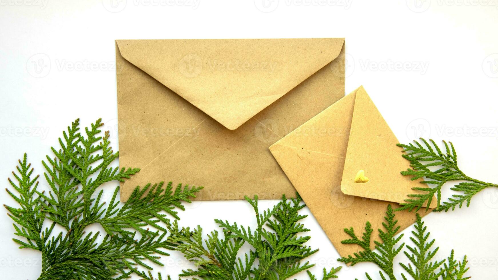 Brown envelope on a white background and a sprig of evergreen cypress. Christmas background. photo