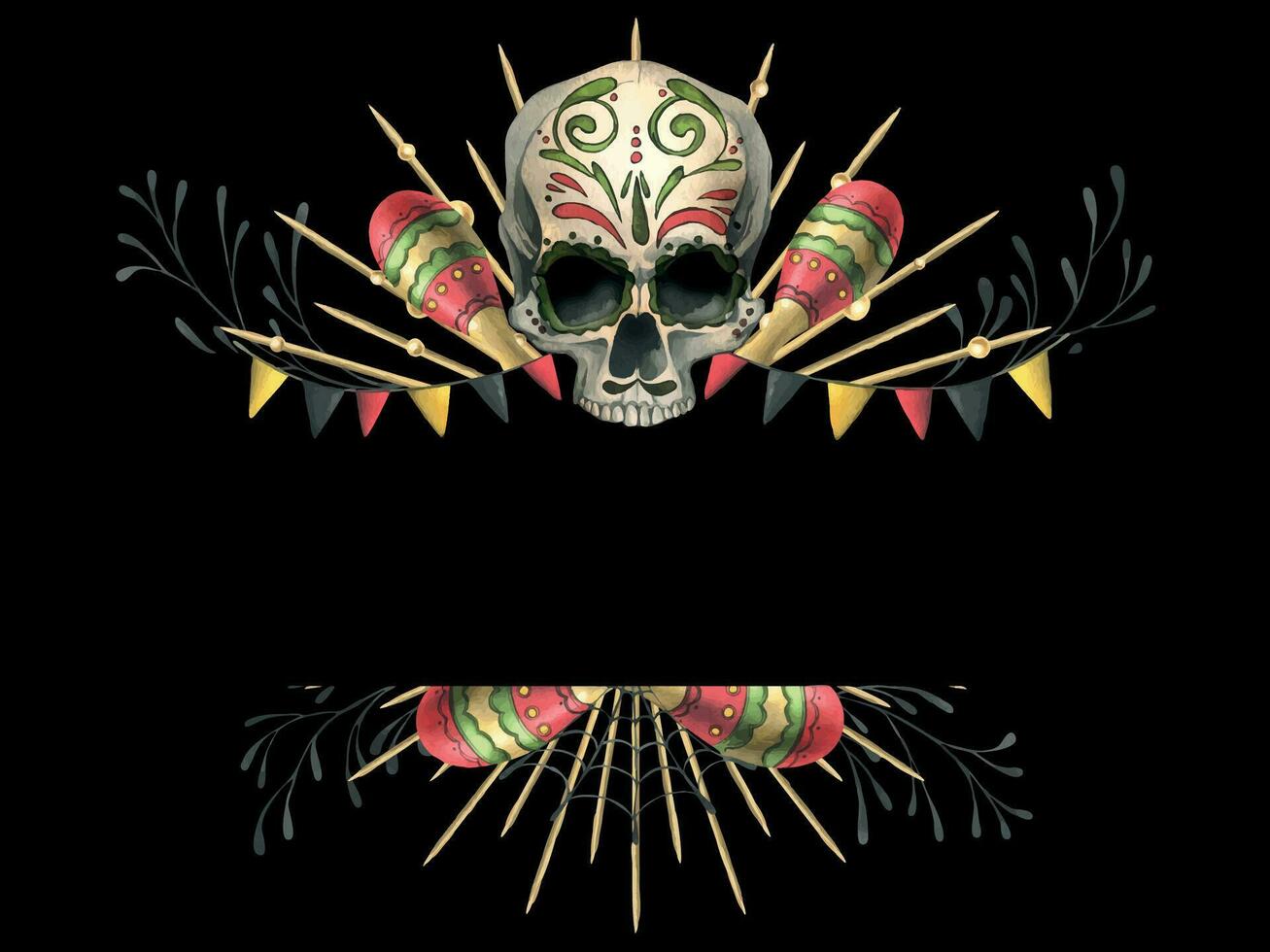 Human skull with an ornament, in a golden crown with rays, with cobwebs, garland flags and maracas. Hand drawn watercolor illustration for day of the dead, halloween, Dia de los muertos. Template. vector