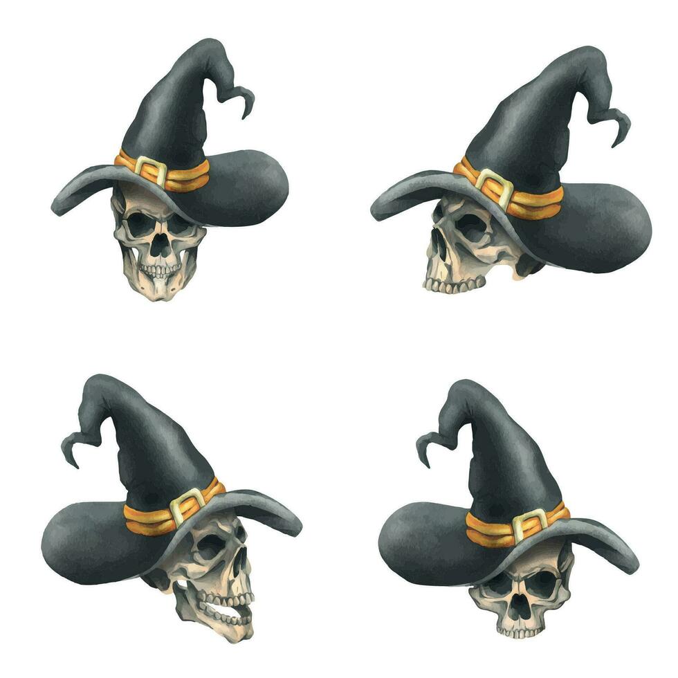 Human skulls in black witch hat with orange ribbon and gold buckle for death day and halloween holiday. Watercolor illustration, hand drawn. Set of isolated elements vector