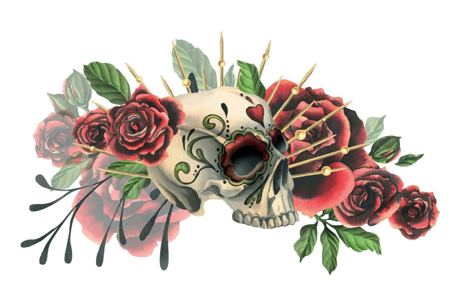 Human skull with an ornament, red roses in a golden crown. Hand drawn watercolor illustration for Halloween, day of the dead, Dia de los muertos. Isolated composition vector