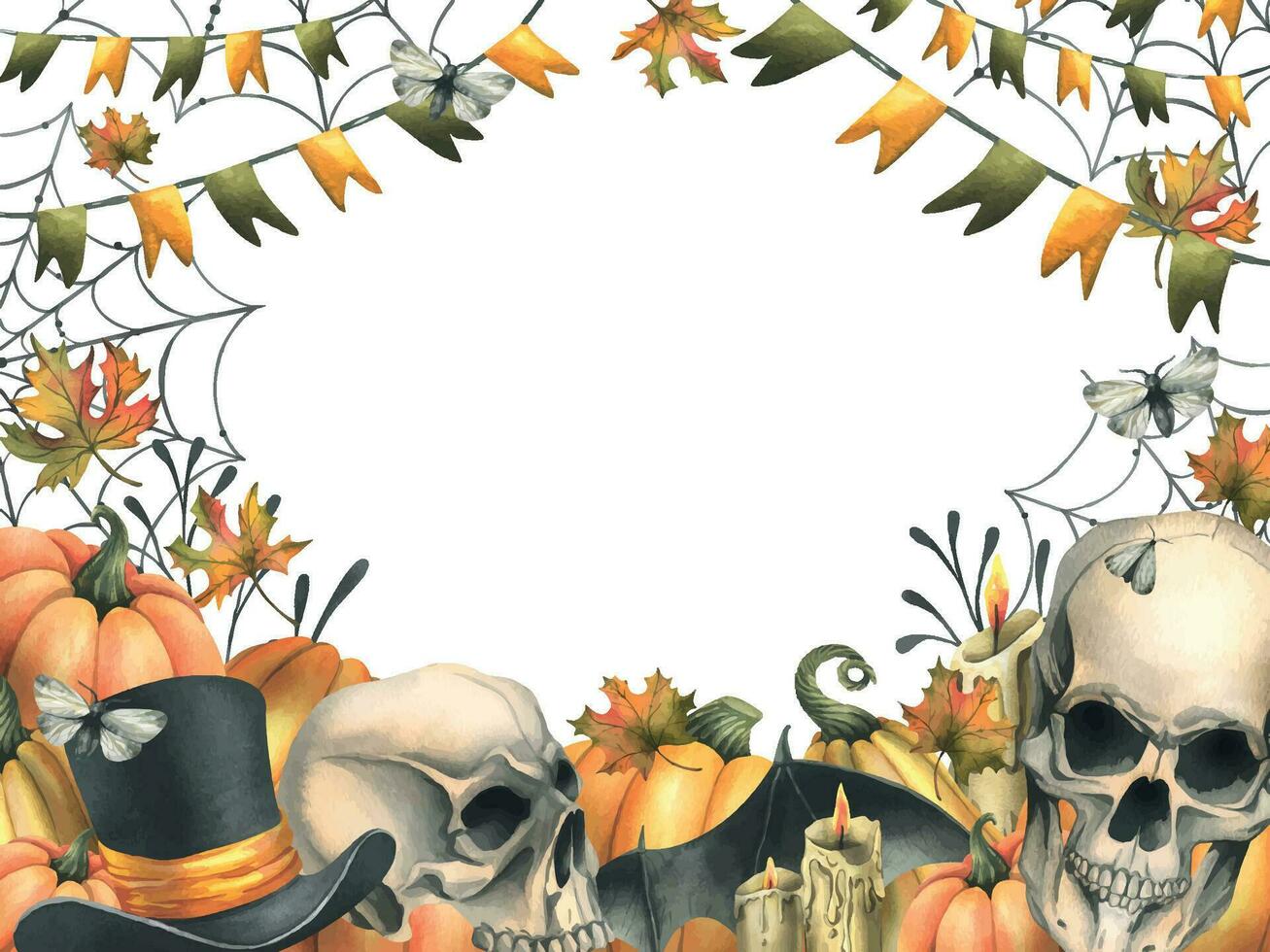Human skulls with black witch hat, orange pumpkins, cobwebs, candles and autumn maple leaves. Hand drawn watercolor illustration for Halloween. Frame, template vector