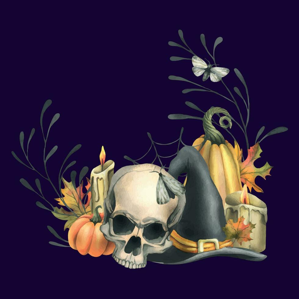 Human skull, black witch hat, orange pumpkins, branches, candles and autumn maple leaves. Hand drawn watercolor illustration for Halloween. Frame, wreath, template on a dark purple background. vector