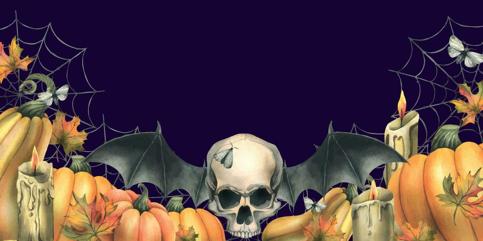 Human skull with bat wings, orange pumpkins, cobwebs, candles and autumn maple leaves. Hand drawn watercolor illustration for Halloween. Frame, template on dark violet background. vector