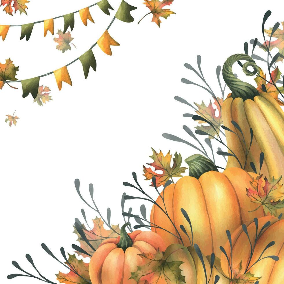 naranja otoño calabazas con arce hojas, banderas guirnalda y leña menuda. acuarela ilustración, mano dibujado. plantilla, marco vector
