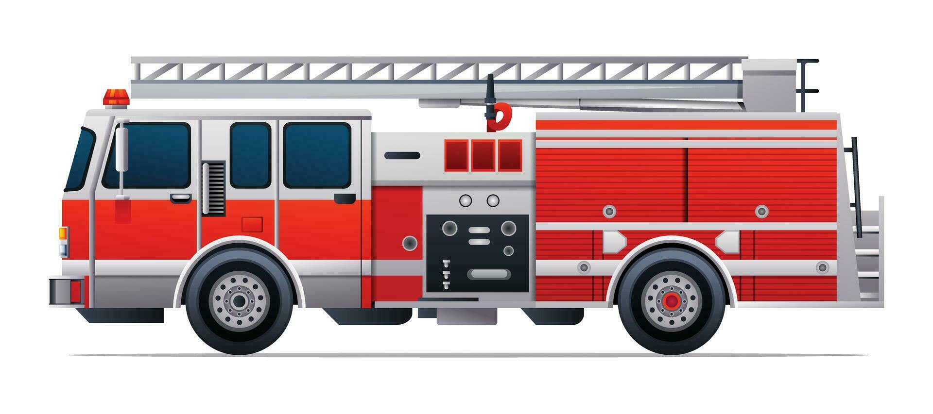 Red fire truck vector illustration. Emergency rescue truck side view isolated on white background