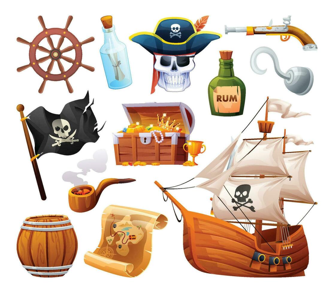 Set of pirate objects cartoon illustration isolated on white background vector