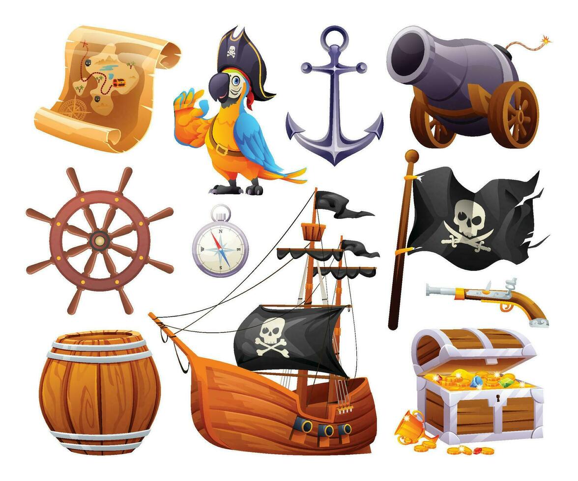 Set of pirate elements vector cartoon illustration isolated on white background