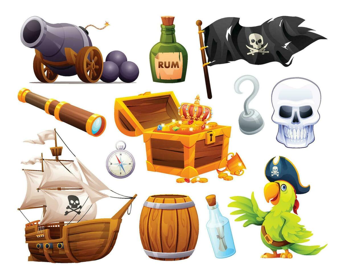 Set of pirate objects vector cartoon illustration isolated on white background
