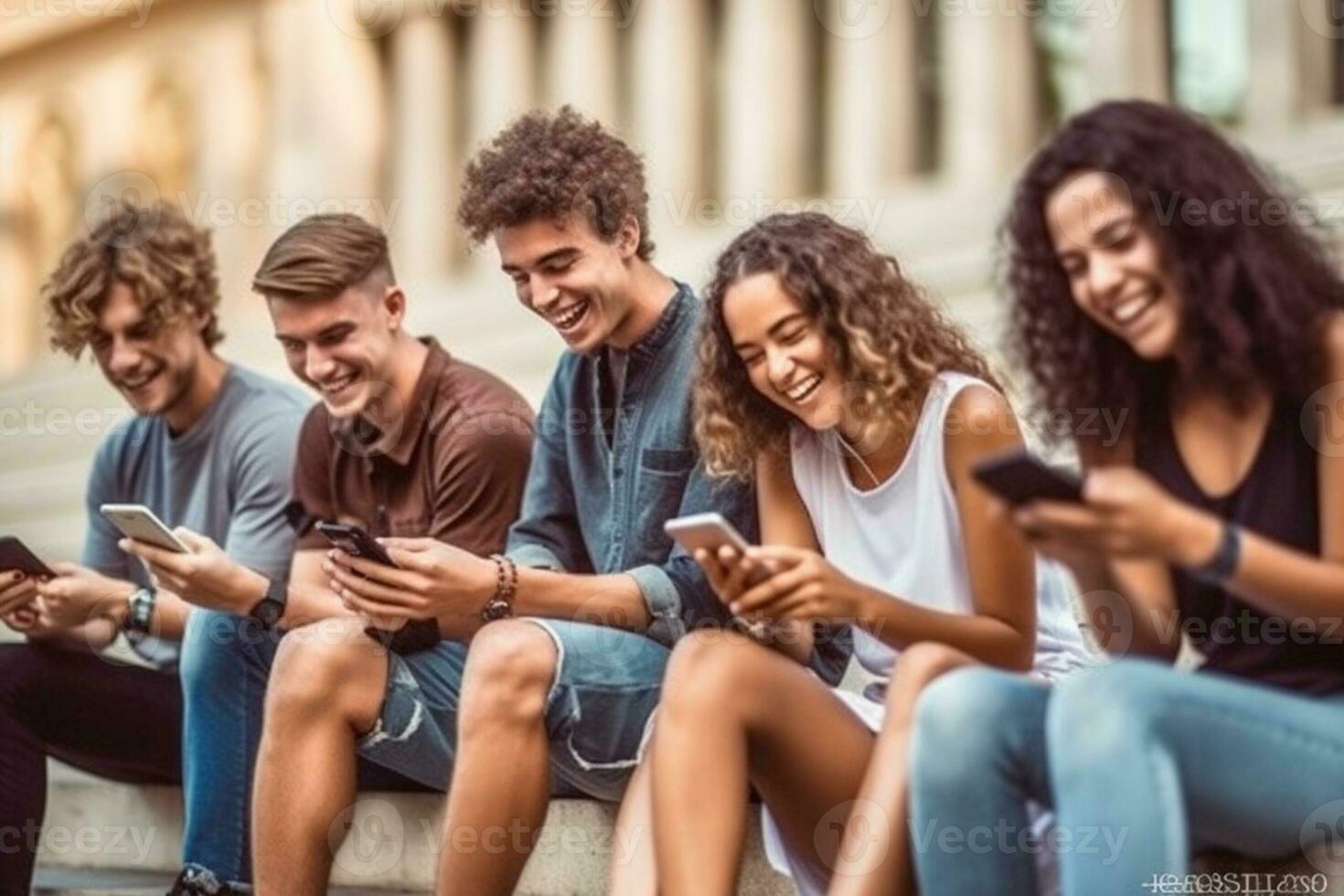 Group of friends using smartphones together. Young people ...