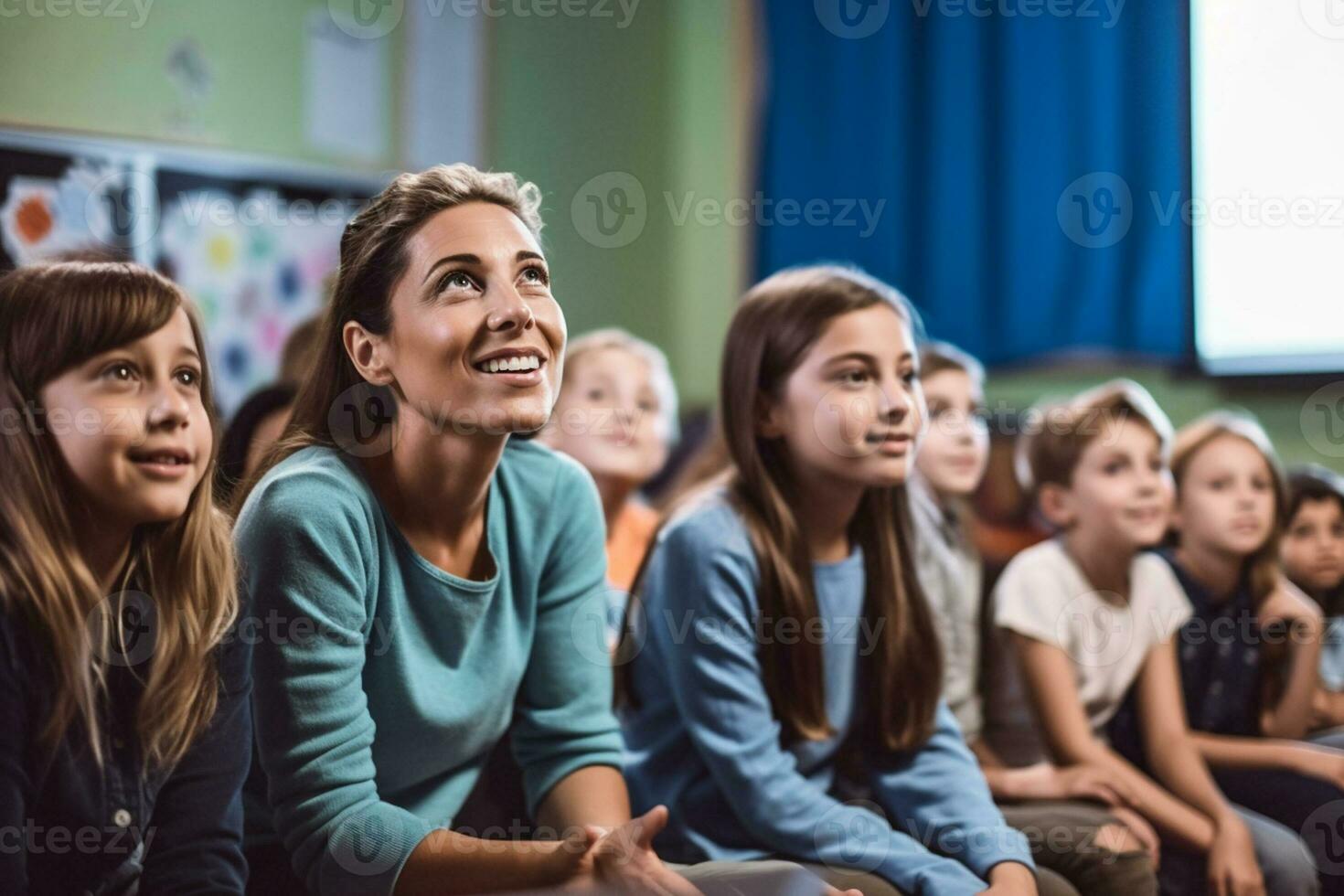 little kids working with teacher on programming class Generative AI photo