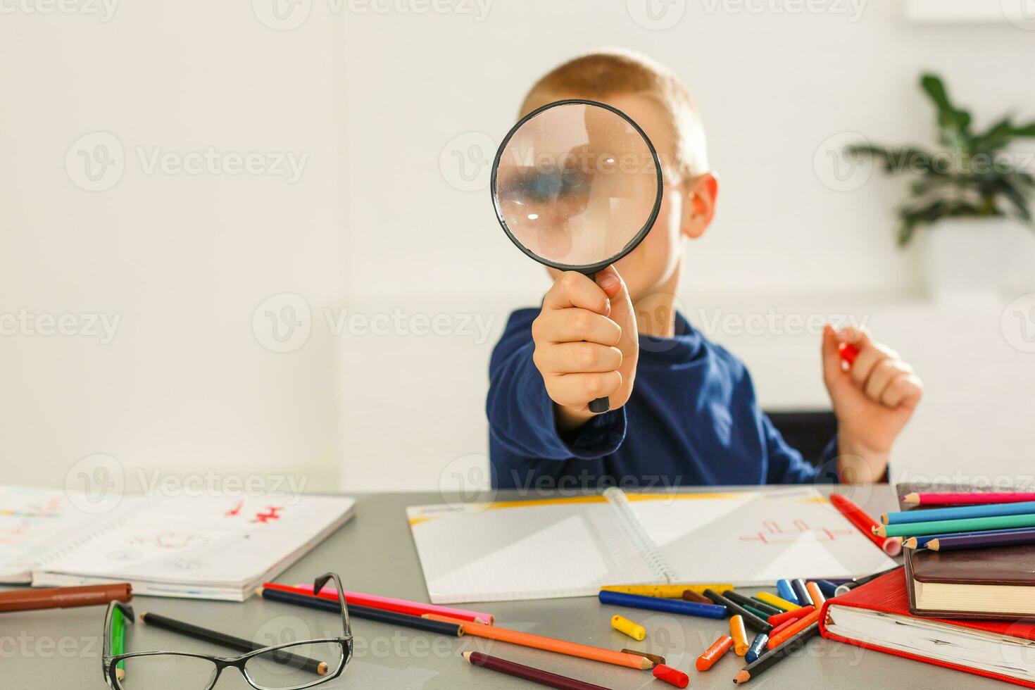 Education, childhood, people, homework and school concept - smiling student boy with book writing to notebook at home photo