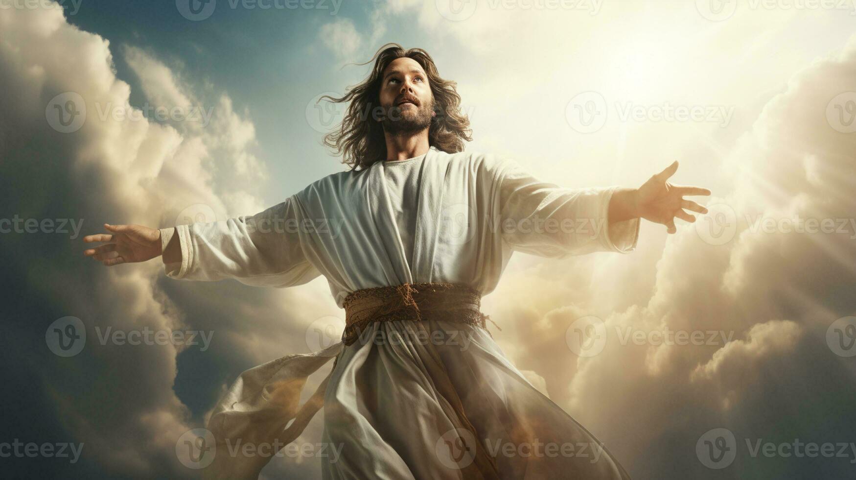 Jesus praying with his hands up against cloudy sky Generative AI photo