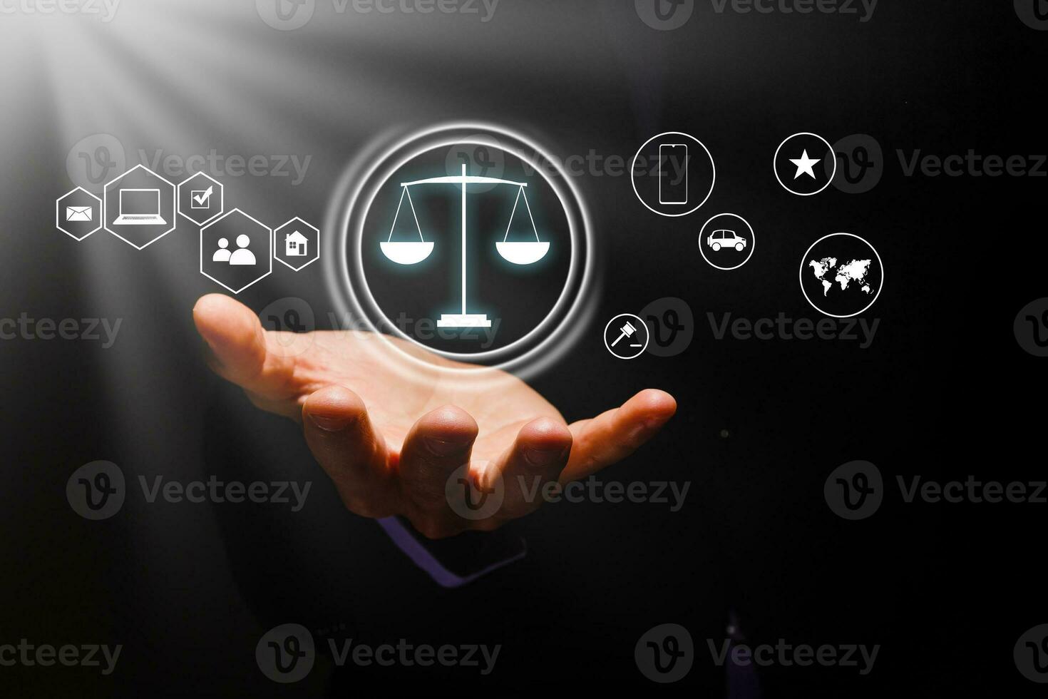 View of a justice balance icon on a futuristic interface photo