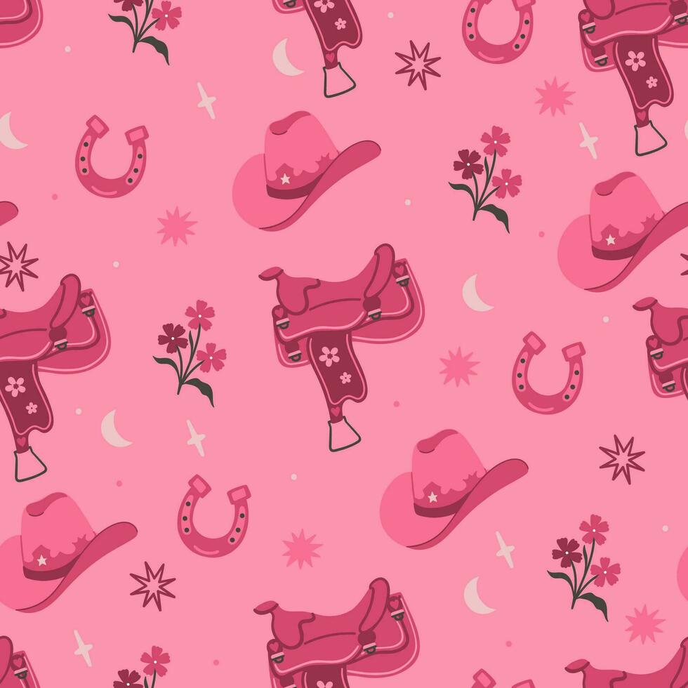 Seamless pattern in pink colors with cowboy hats, saddles and horseshoes. Vector graphics.