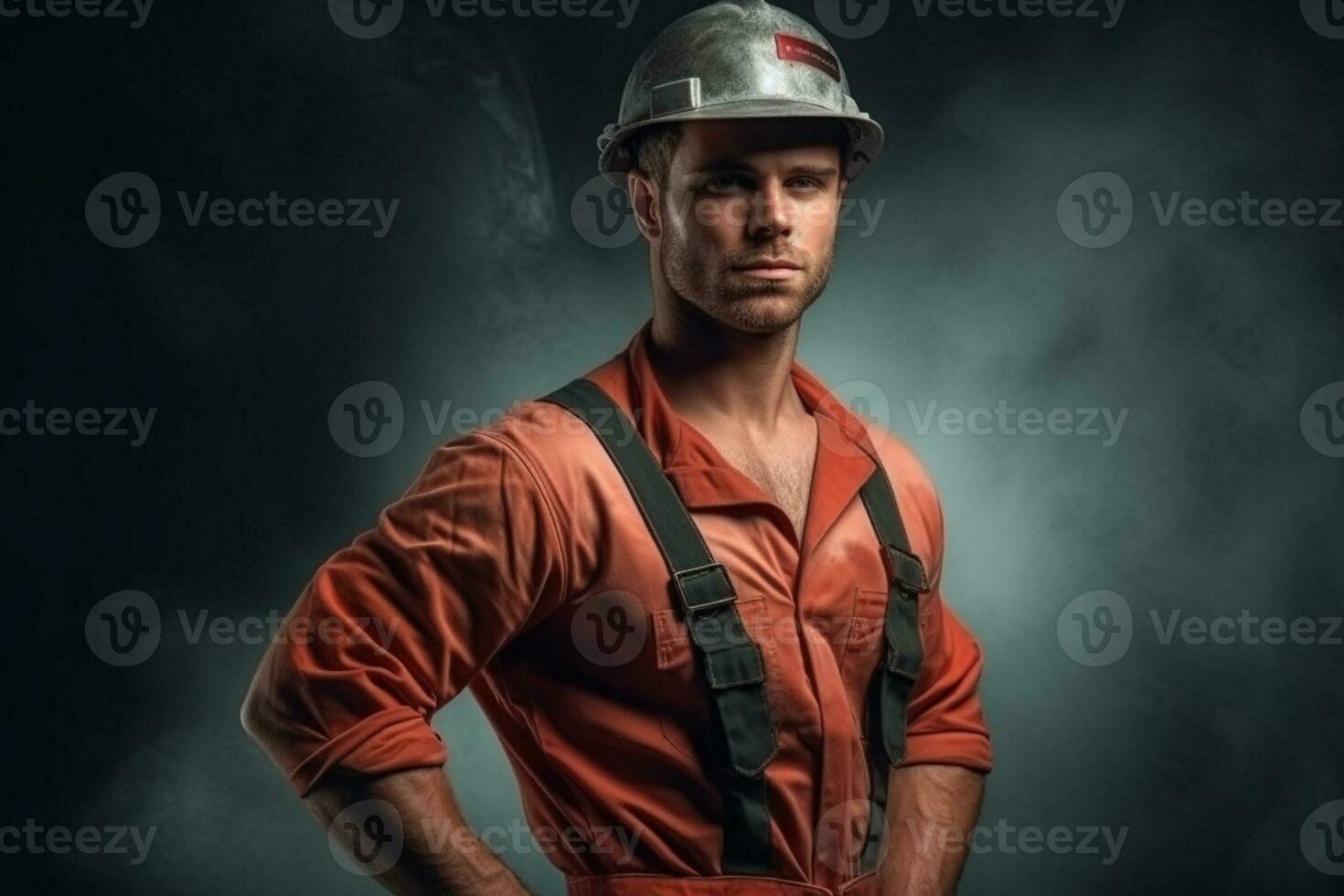 Confident muscular fireman holding a helmet and looks into the camera, standing in the studio against a dark textured wall Generative AI photo