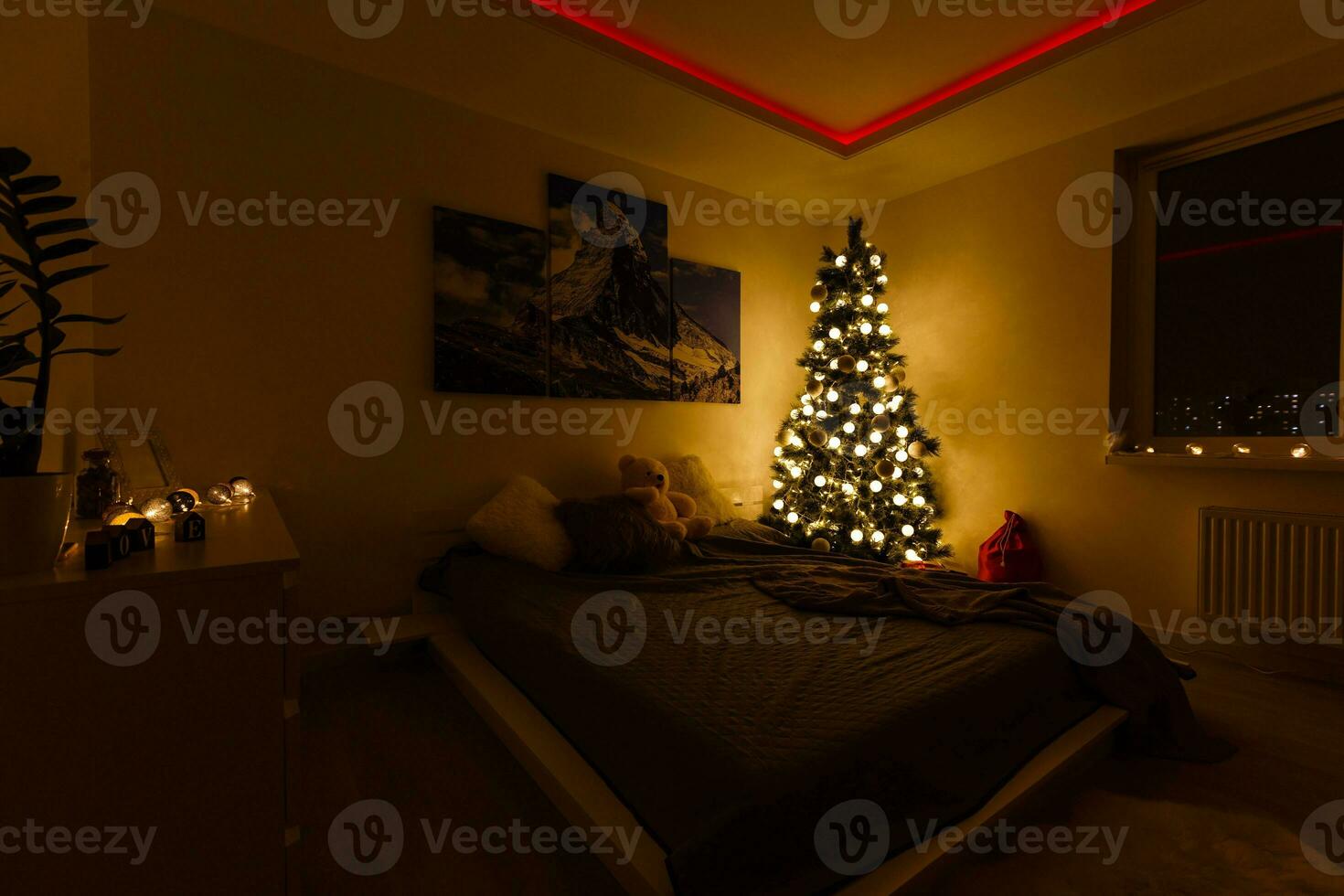 Design room with Christmas fir and the bed. Interior country style photo