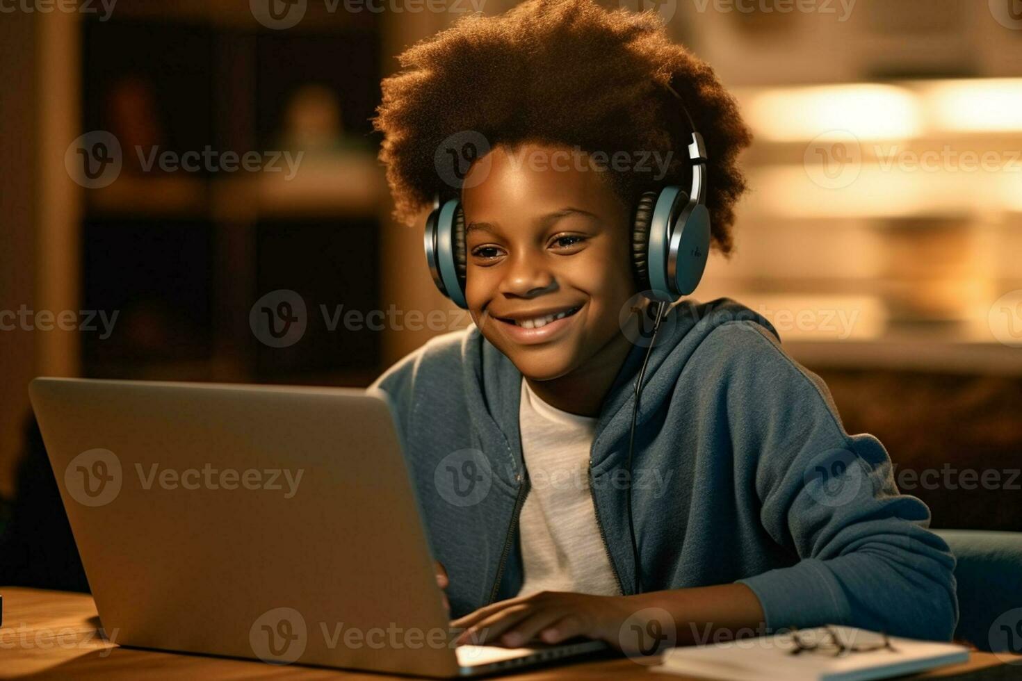 Front view of African American boy playing game on digital tablet at dining table in kitchen at home Generative AI photo