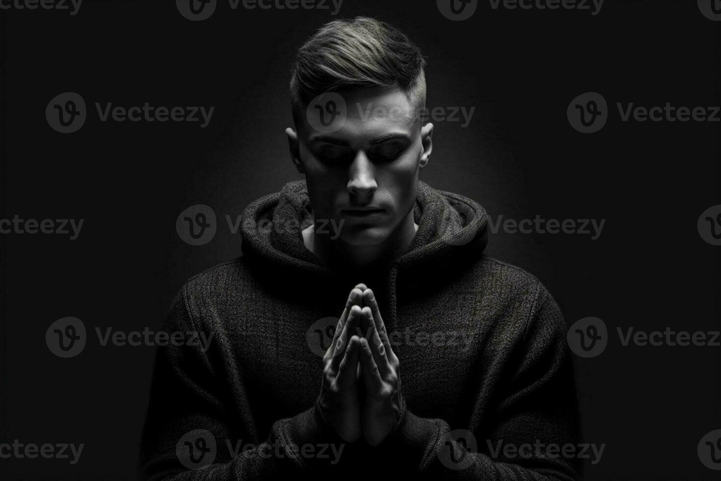 Low-key close up portrait of young serious man with folded hands in front of chest and closed eyes, black and white, isolated on black background. Generative AI photo