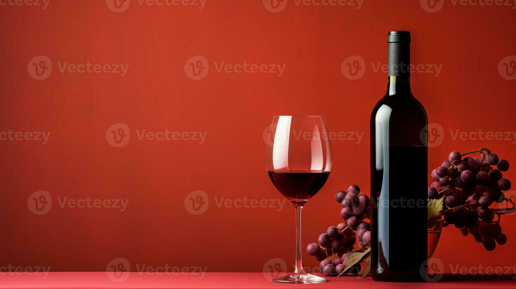 A bottle and a glass of red wine stand on a black mirror table. Black and red background. Generative AI photo