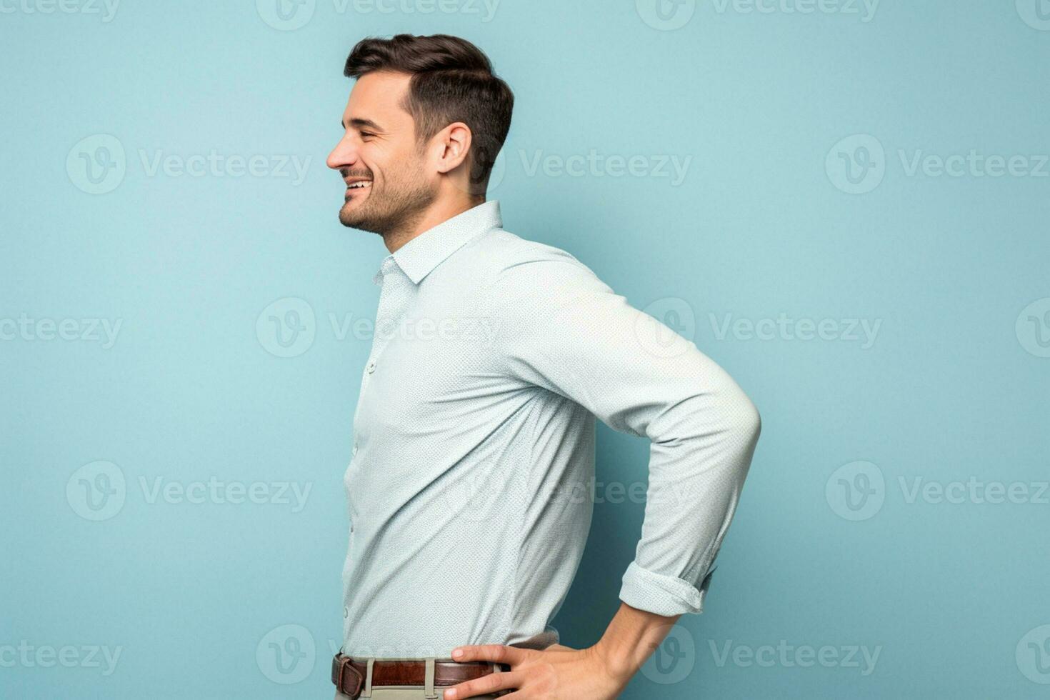 Portrait of handsome confident stylish hipster lambersexual model.Man dressed in white T-shirt and jeans. Fashion male isolated on blue wall in studio Generative AI photo