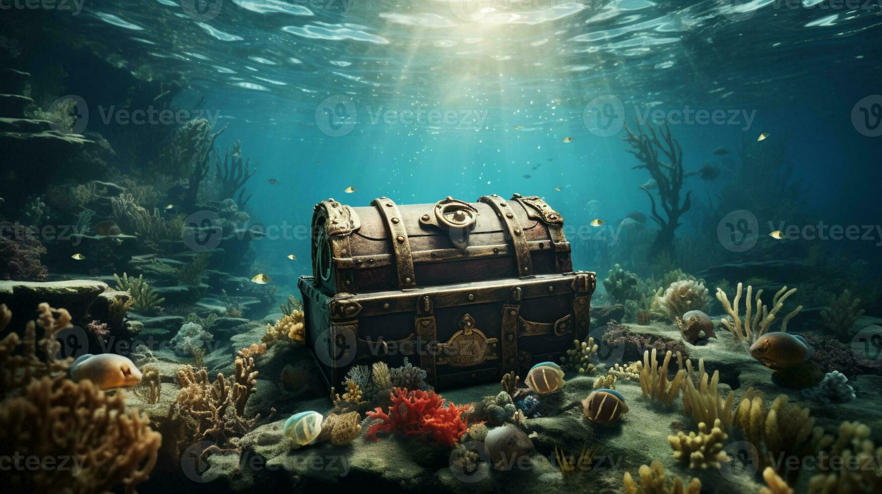 beautiful opened empty old wooden treasure chest submerged underwater world with anchor, amphora