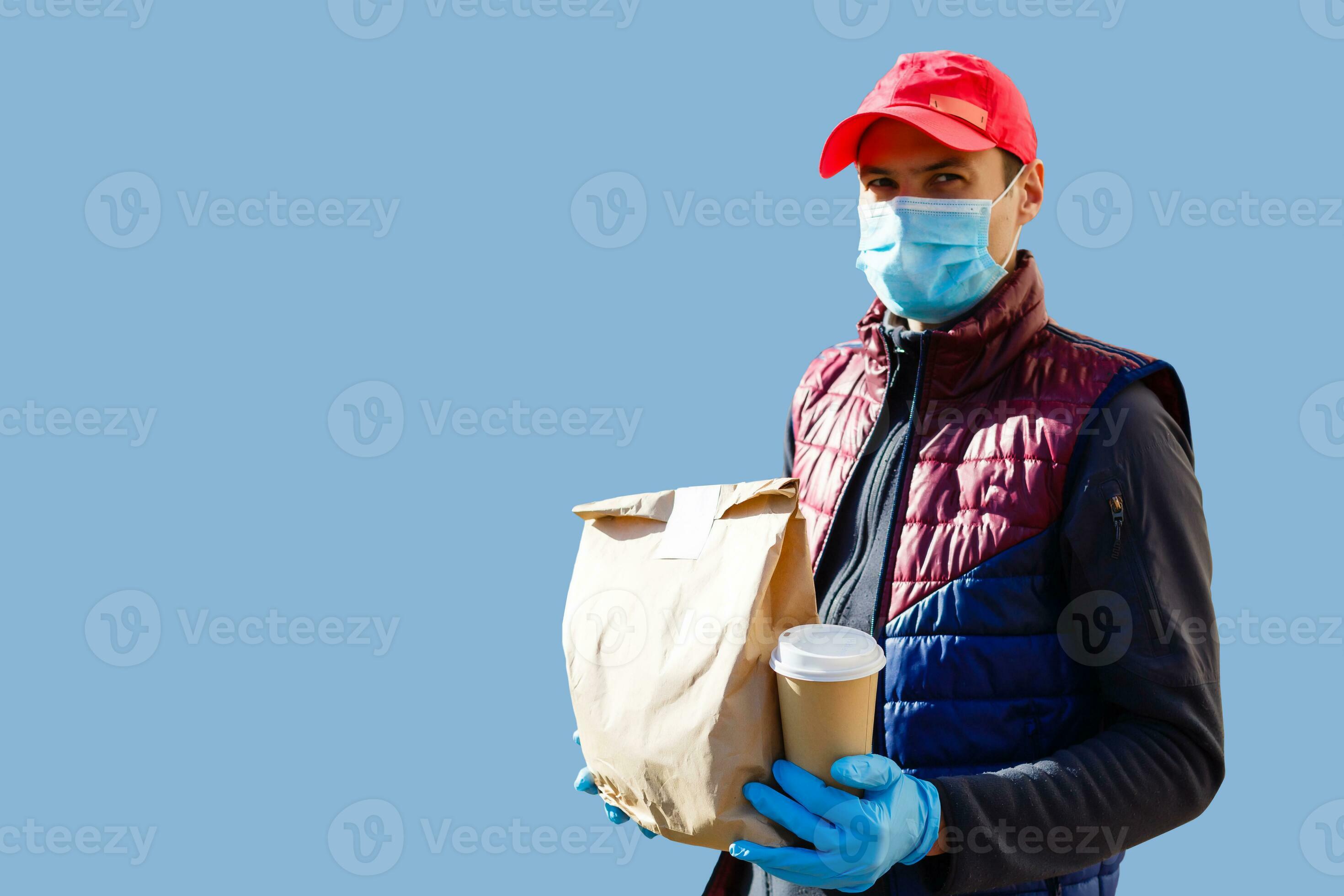 Delivery Man Mask Gloves Bring Fresh Food Customer's Home Stay