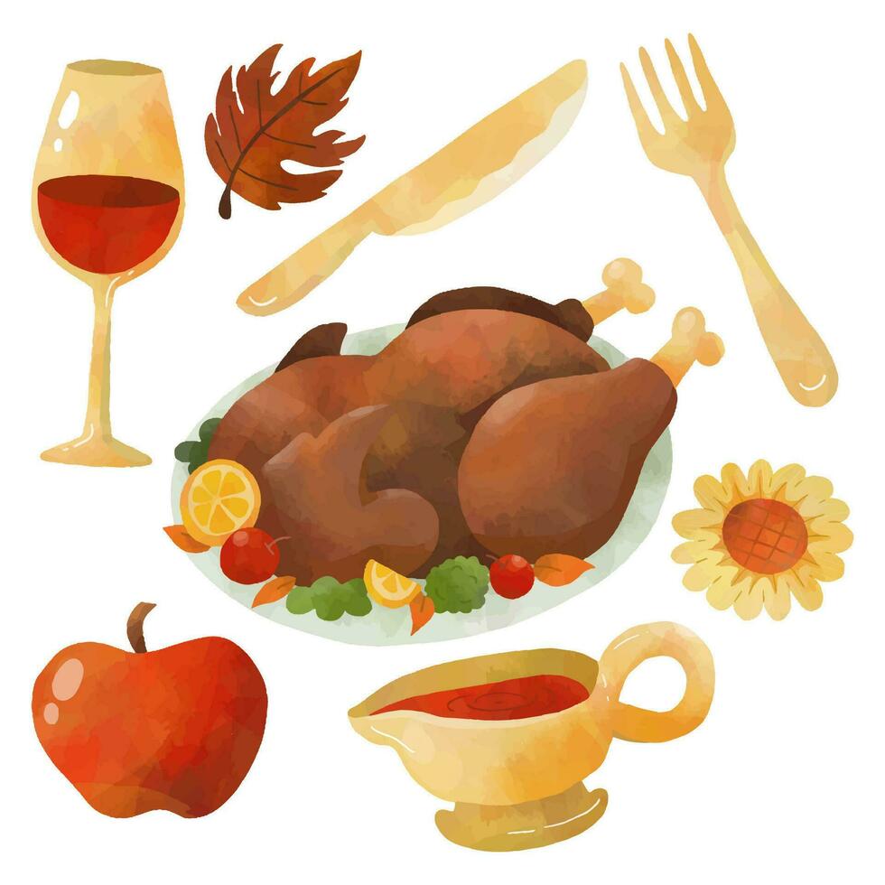 Watercolor Thanksgiving Elements with Red wine glasses, Gravy, Dining knife and fork, Roasted turkey, Apple, Autumn Flower and Leave illustration Vector