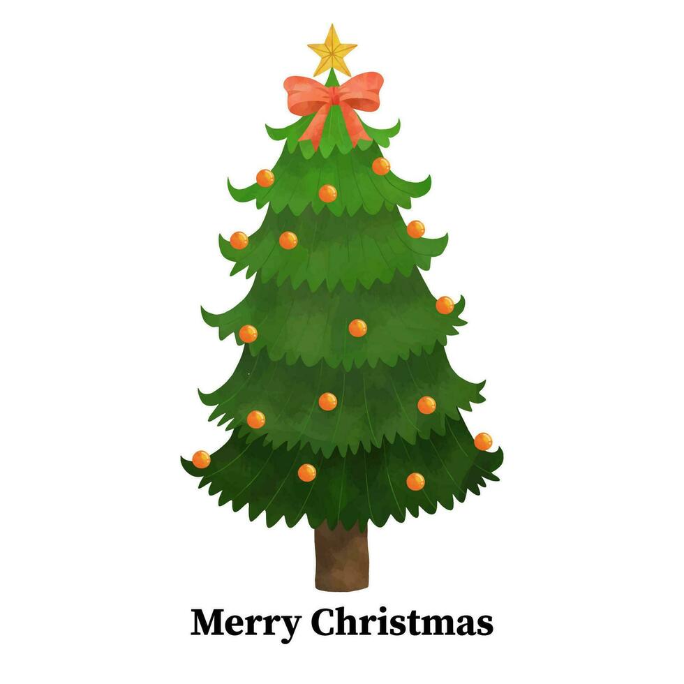 acuarela Navidad tarjeta modelo con Navidad árbol decorado con naranja pelotas y arco ilustración vector