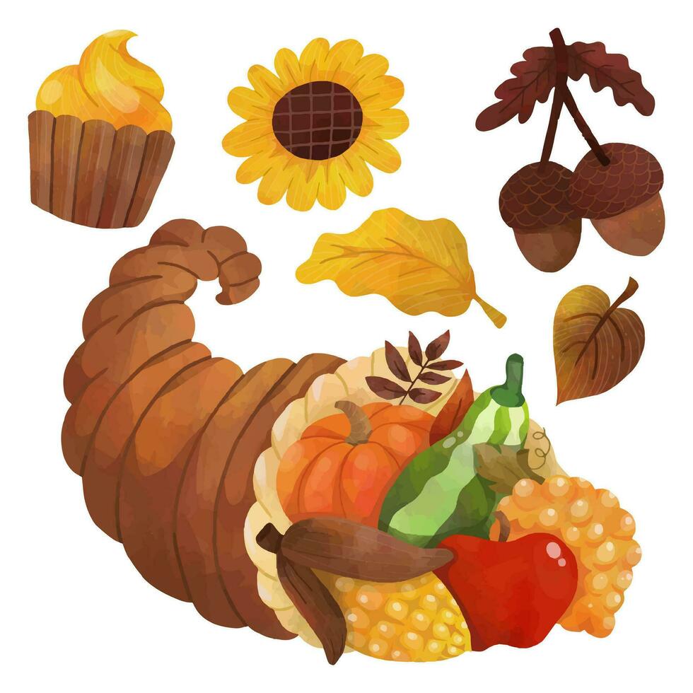 acuarela acción de gracias elementos con cuerno de la abundancia cesta con Fruta y verduras, bellotas, magdalena, otoño hoja y flor ilustración vector