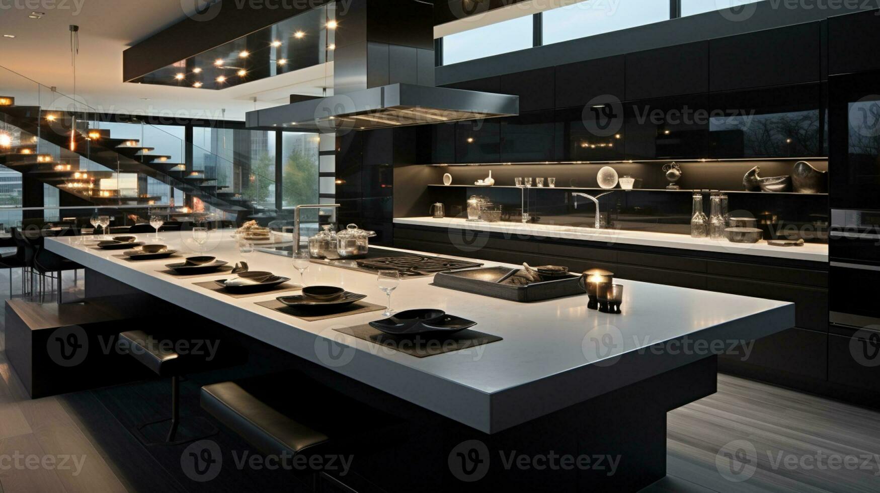 3D illustration of kitchen interior in a modern building big light cooking and dinner area Generative AI photo