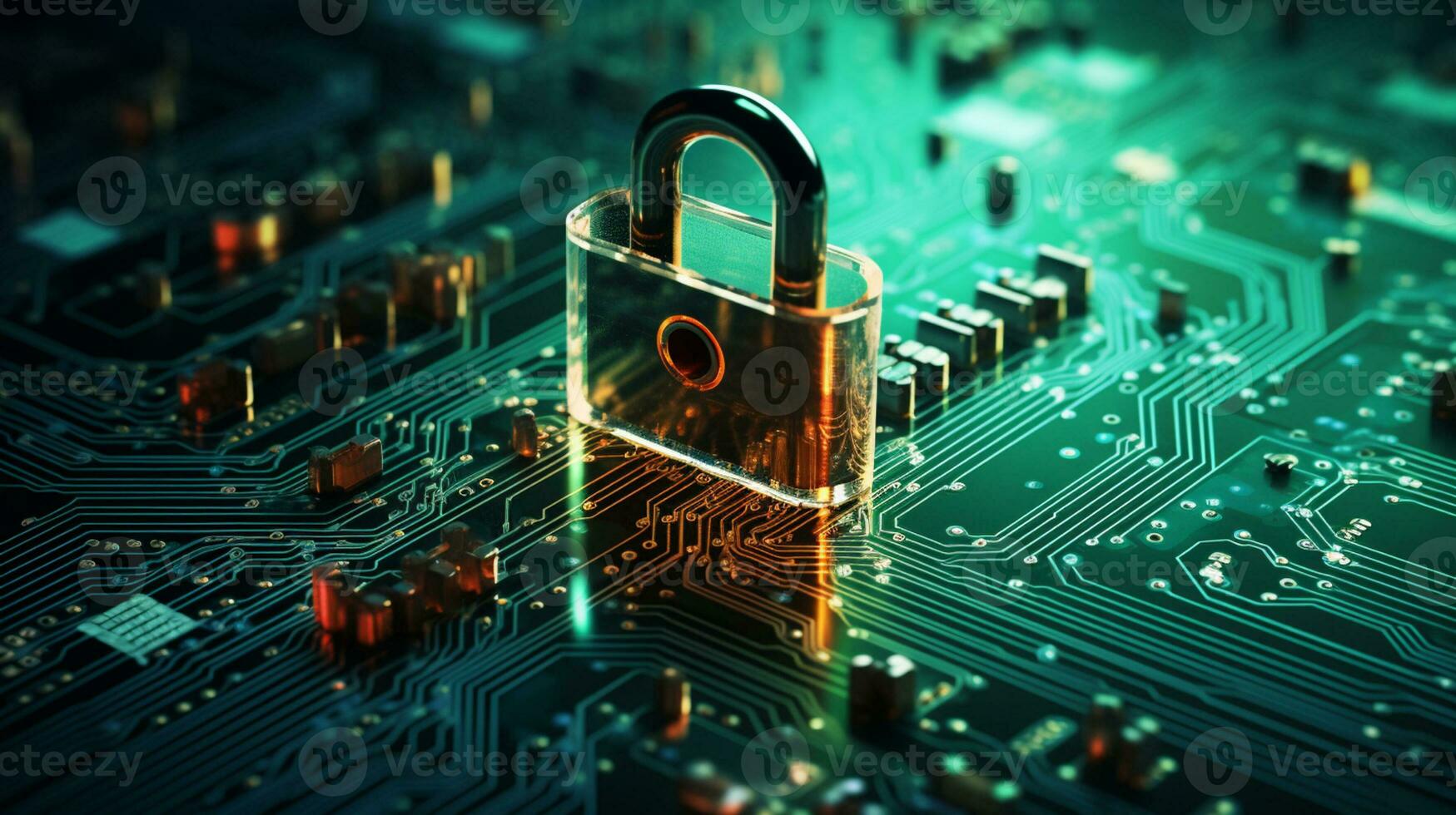 security lock symbol on computer circuit board Generative AI photo