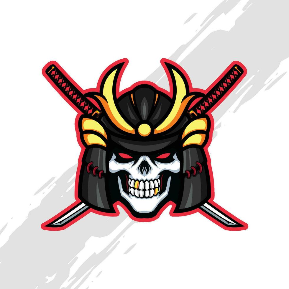 Digital Illustration of a Skull Logo Mascot Wearing a Samurai Helmet with Two Crossed Swords vector