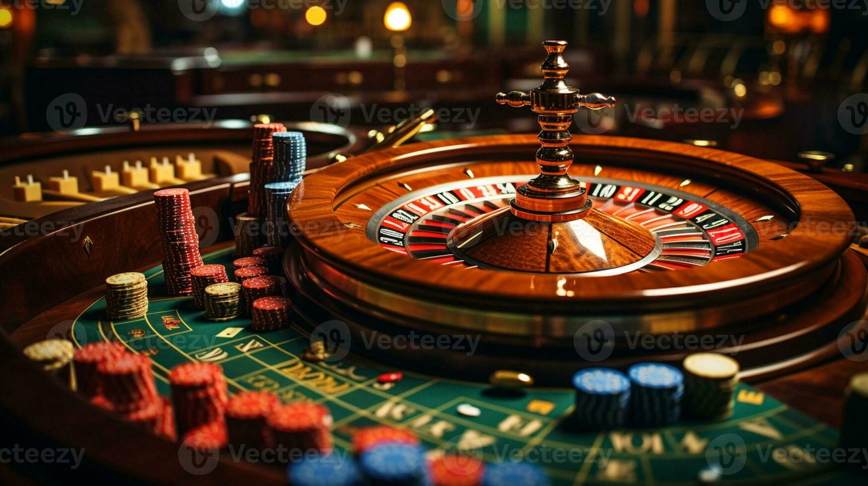 Casino theme. Golden roulette wheel closeup Generative AI photo