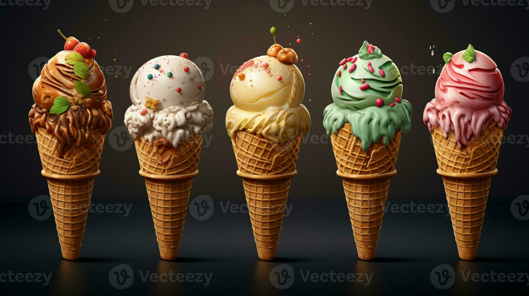 Colorful ice cream cone, rainbow jimmies, chocolate and strawberry toppings floating. Ice cream summer concept with toppings Generative AI photo