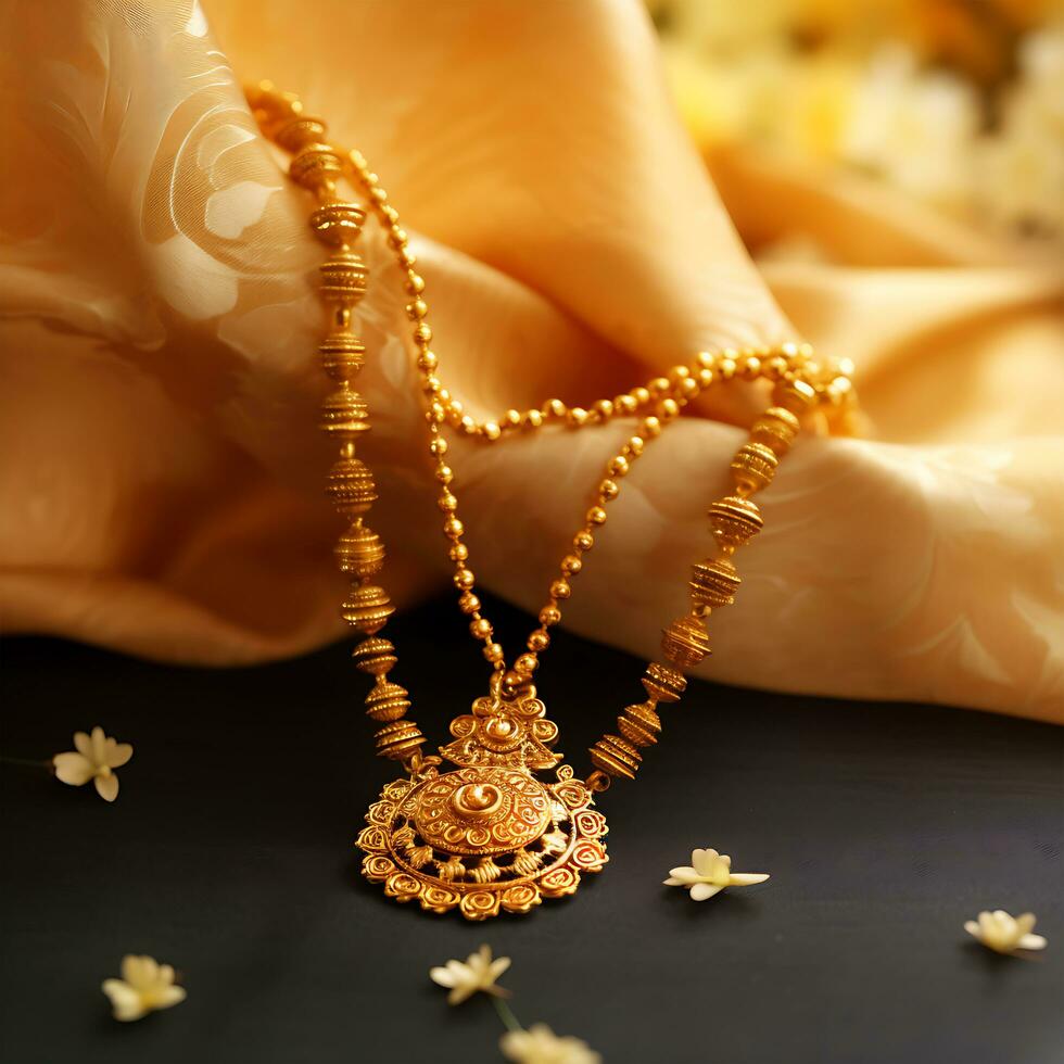 A Gold Jewelry necklace engagement and stone word gold on it photo