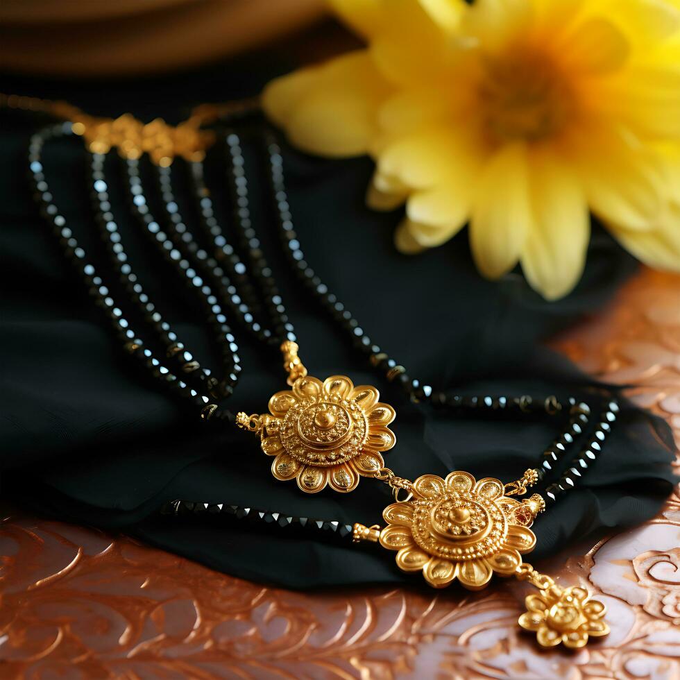 A Gold Jewelry necklace engagement and stone word gold on it photo