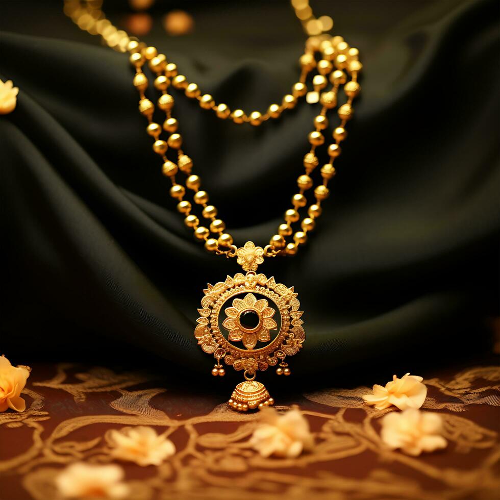 A Gold Jewelry necklace engagement and stone word gold on it photo