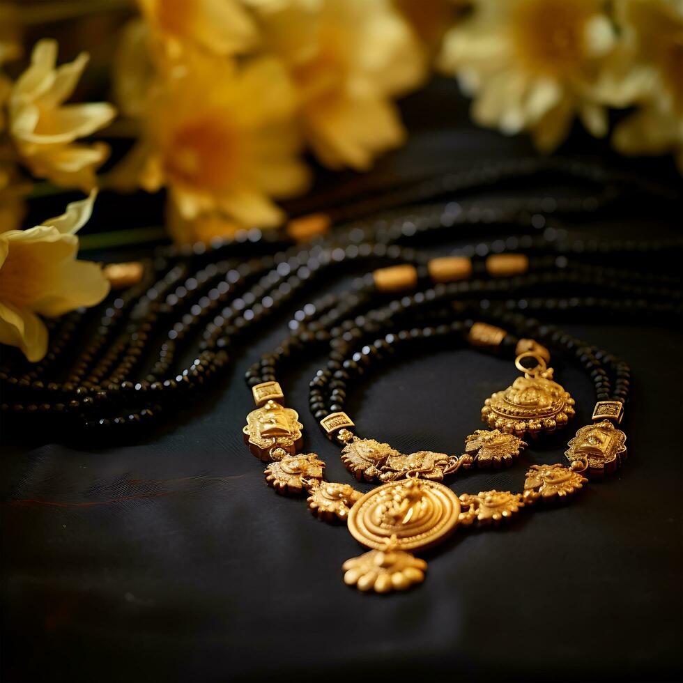A Gold Jewelry necklace engagement and stone word gold on it photo