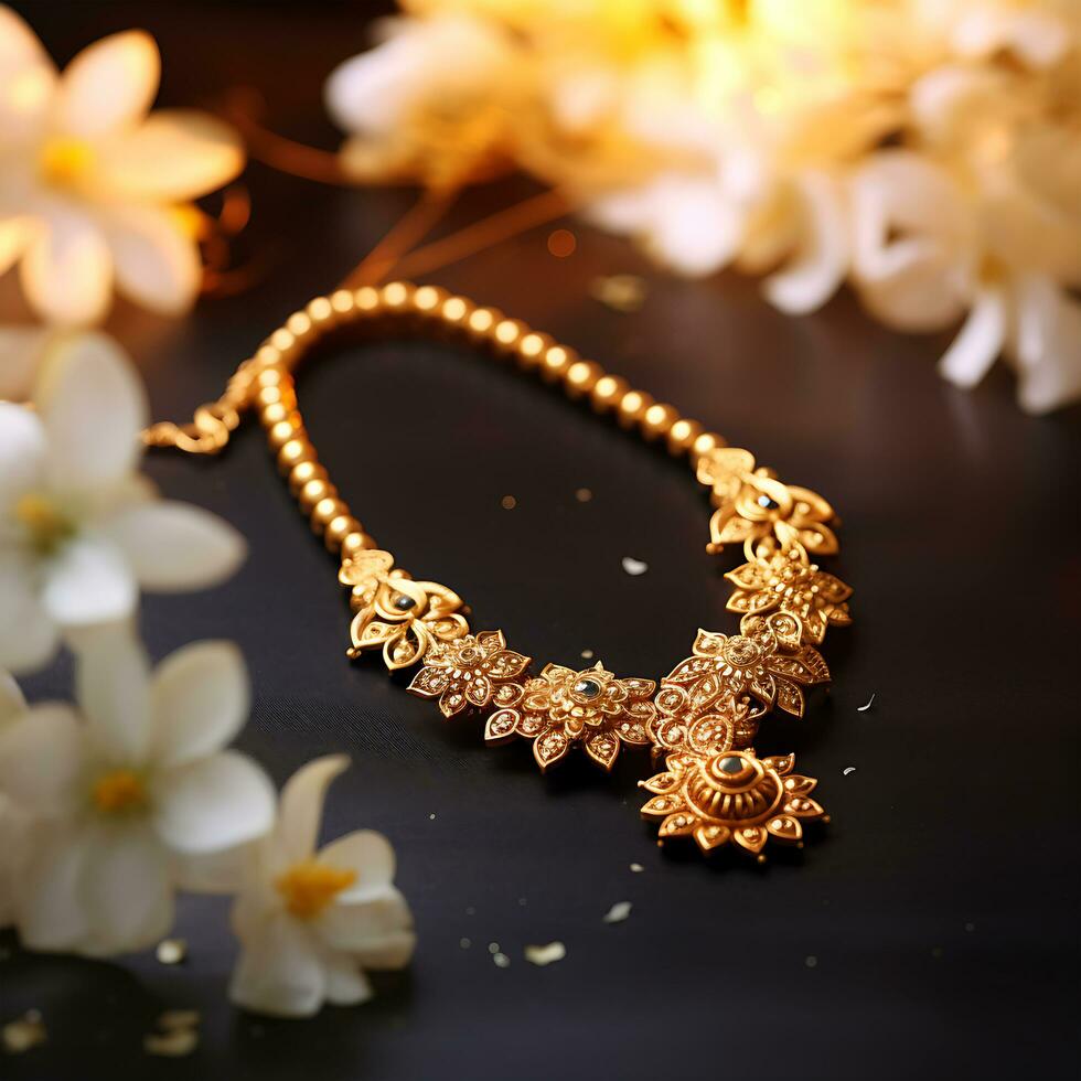 A Gold Jewelry necklace engagement and stone word gold on it photo