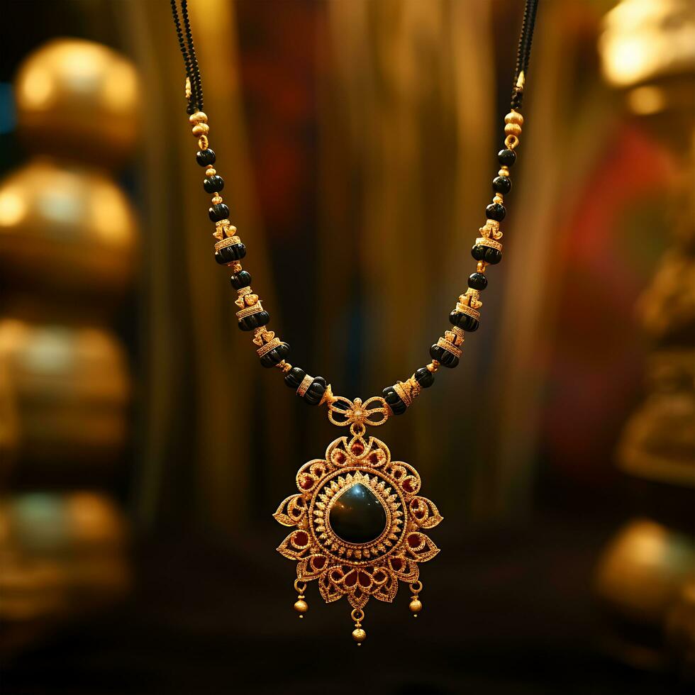A Gold Jewelry necklace engagement and stone word gold on it photo